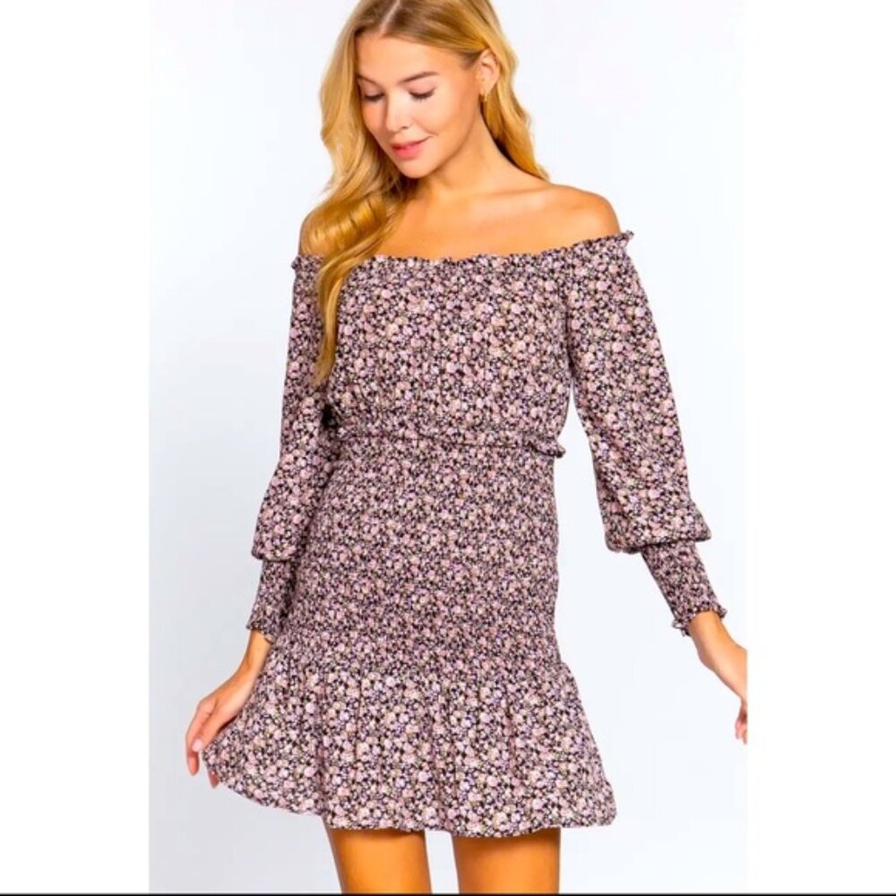Women's Off Shoulder Smocked Floral Print Mini Dress